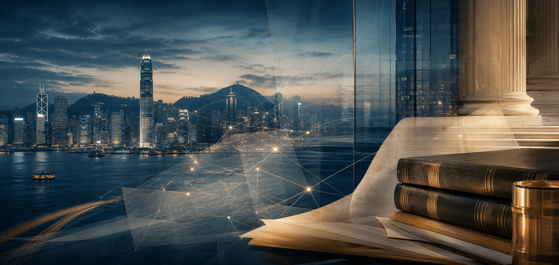 Hong Kong harbour blended with legal papers and an artificial intelligence knowledge network